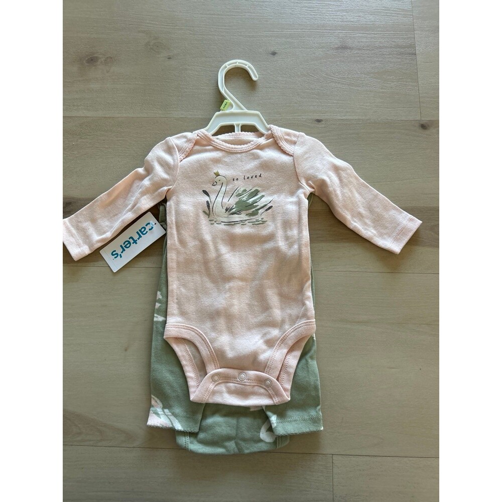 Carter's 3 M baby girl pink swan onesie and green pants set